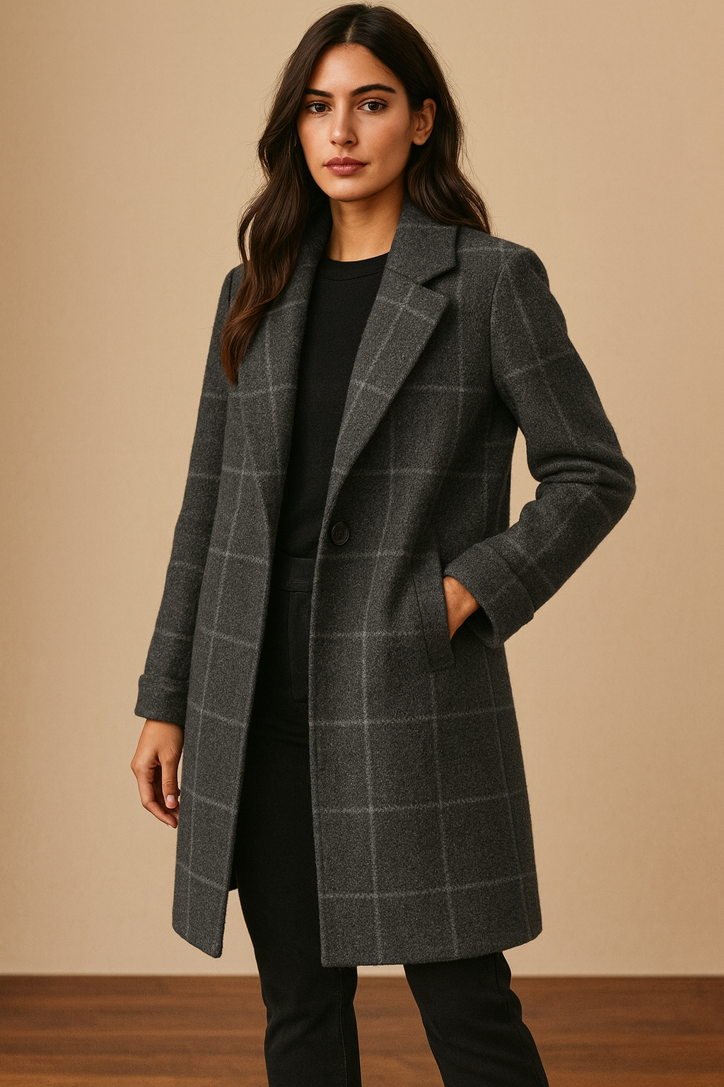 Abrigo Cashia Copenhague gris de cuadros en plano medio frontal, con cierre de dos botones en línea vertical y corte recto, presentado sobre fondo nude con suelo de parquet marrón oscuro.