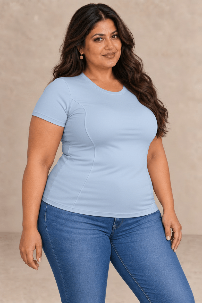 Camiseta Cashia Basic azul claro en modelo talla 3XL, medio plano