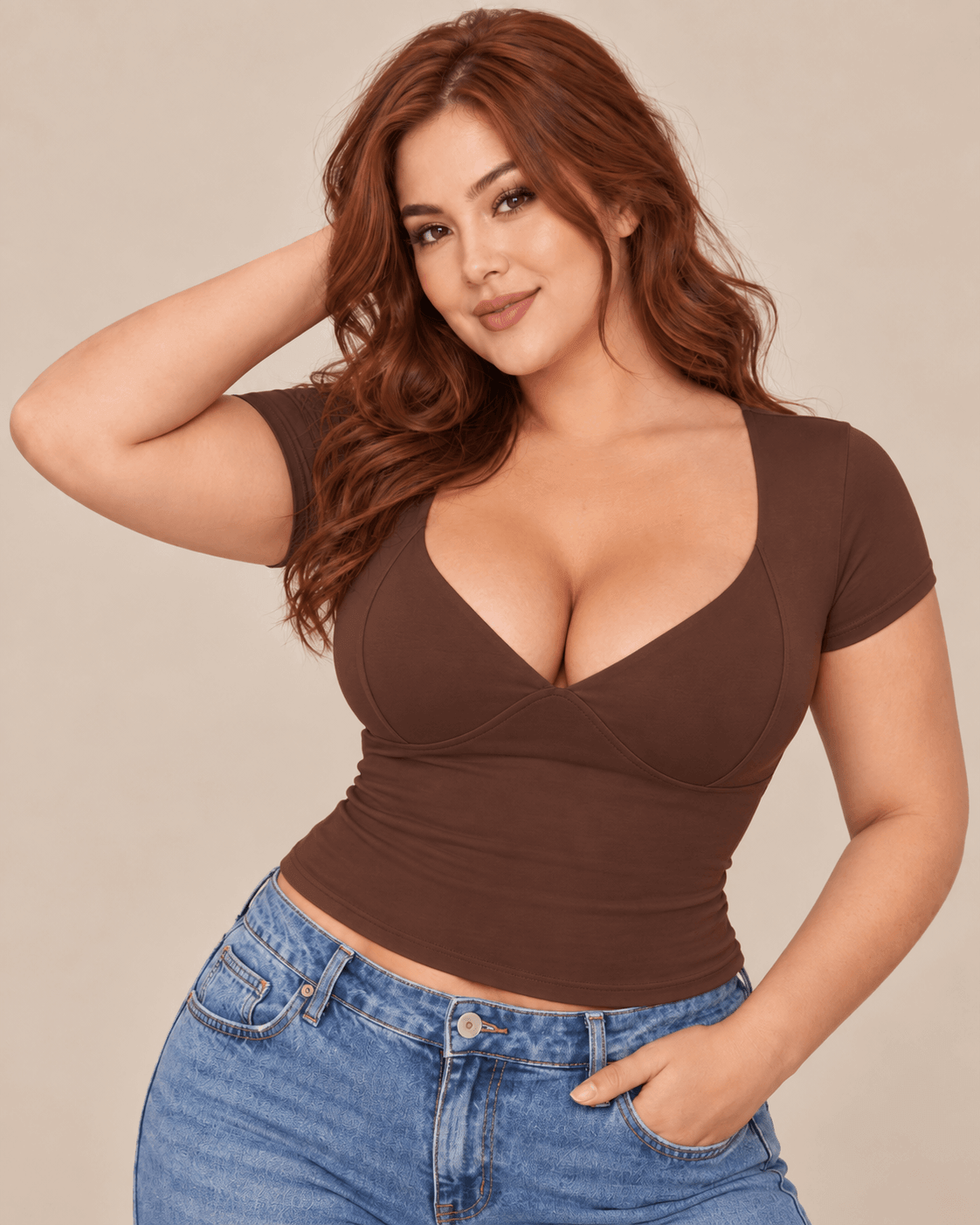 Camiseta Cashia Basic MCV marrón talla XL en modelo pelirroja curvilínea con vaqueros