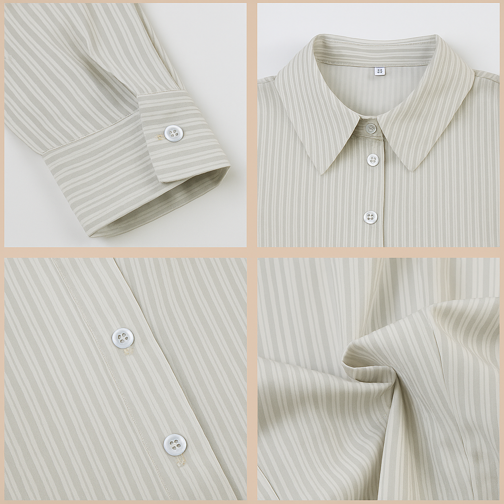 Collage Cashia Montevideo, detalles del puño, cuello, botones y tejido