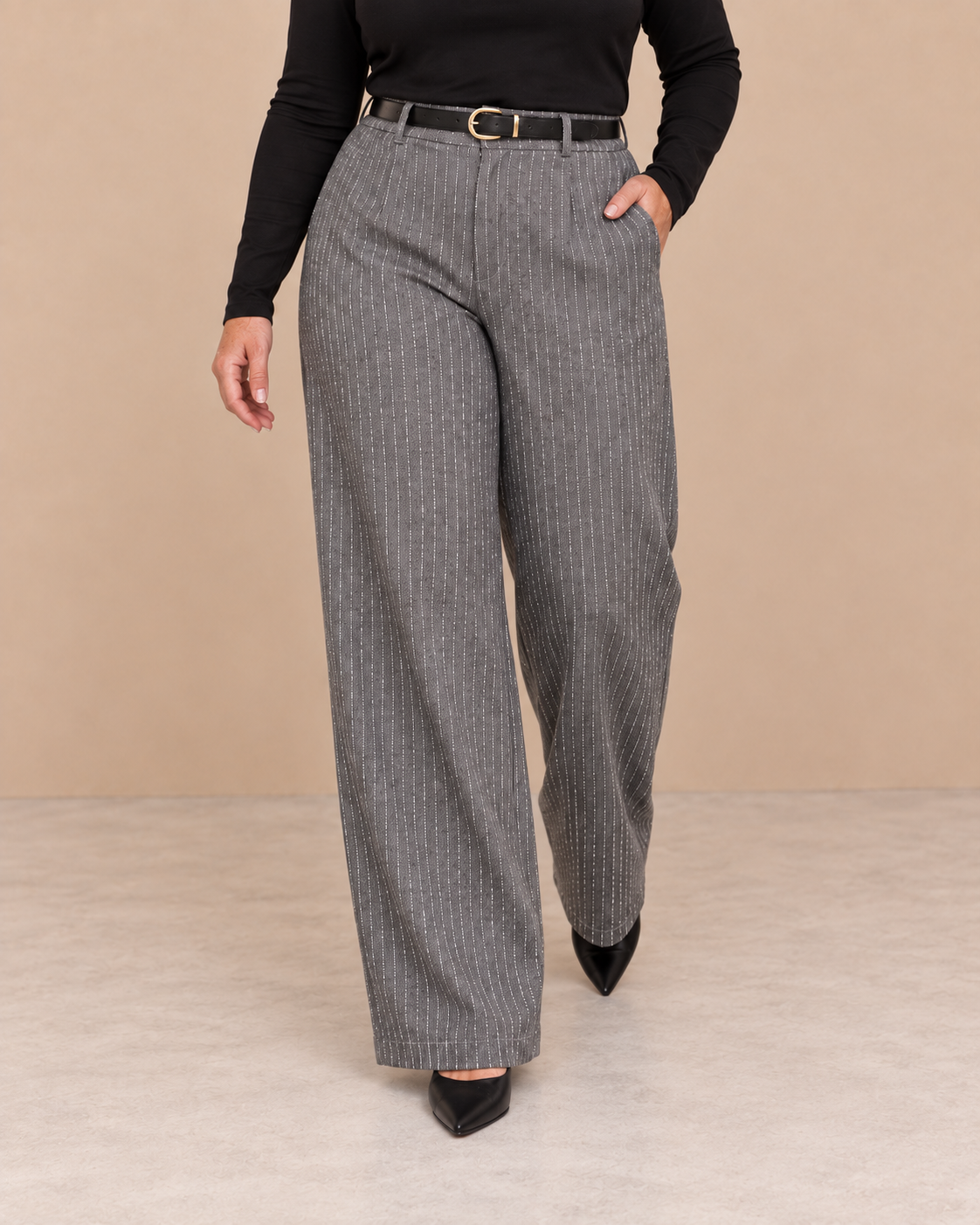 Pantalón Cashia Skyline gris de rayas en medio plano inferior, talla XL