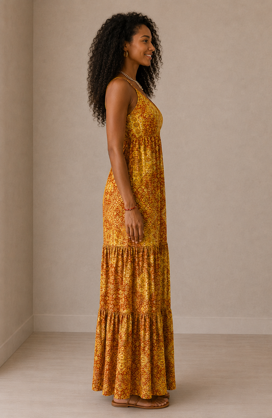Vestido largo Cashia estampado mostaza, vista lateral de cuerpo entero