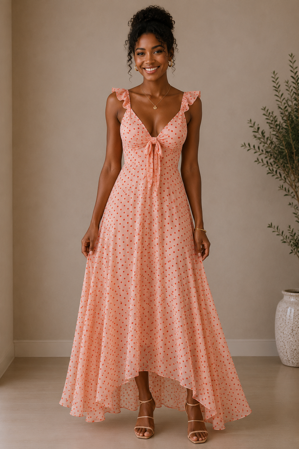 Vestido Cashia Garda color rosa con lunares coral, modelo Cashia de raza negra, elegante y maquillada, cuerpo entero frontal, fondo nude con suelo definido y sandalias de tiras.