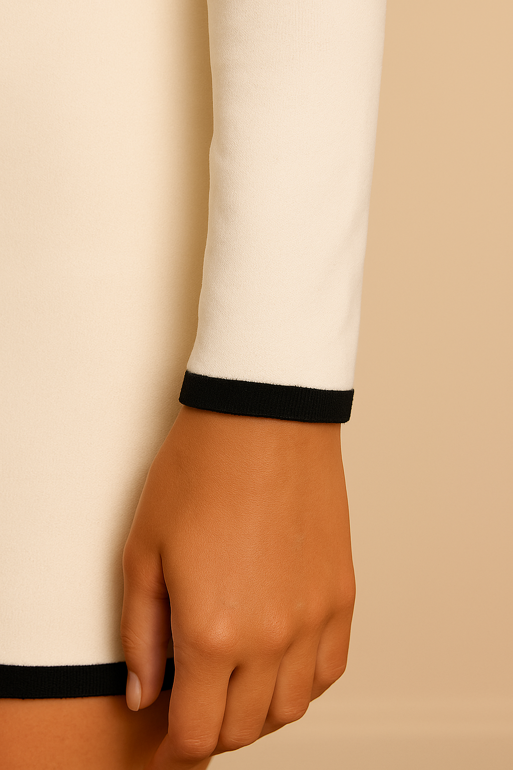 Vestido Cashia Seattle, color crudo, entallado y con detalles en negro, detalle de la manga