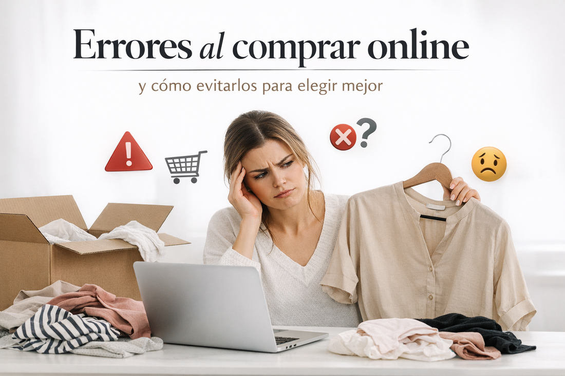 Mujer revisando ropa comprada online con gesto de duda frente a un portátil, representando errores al comprar ropa online y cómo evitarlos