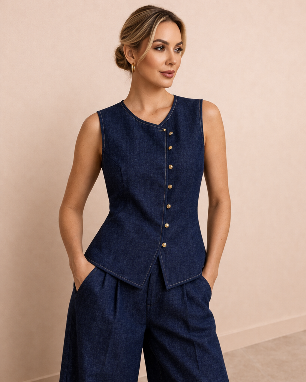 Detalle conjunto denim mujer top sin mangas con botones y tejido efecto vaquero elegante Cashia