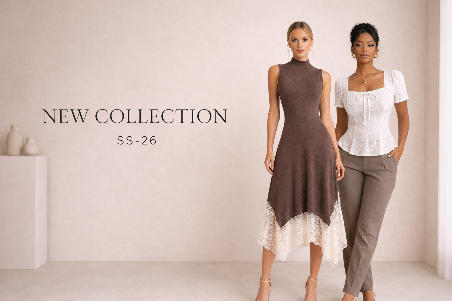 Nueva colección Cashia SS-26 con vestido elegante marrón y conjunto blusa blanca y pantalón beige en estilo minimalista