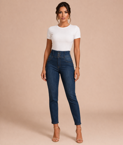 Pantalón denim azul mujer de cuerpo entero con cintura alta y triple botón del mismo tejido estilo elegante Cashia