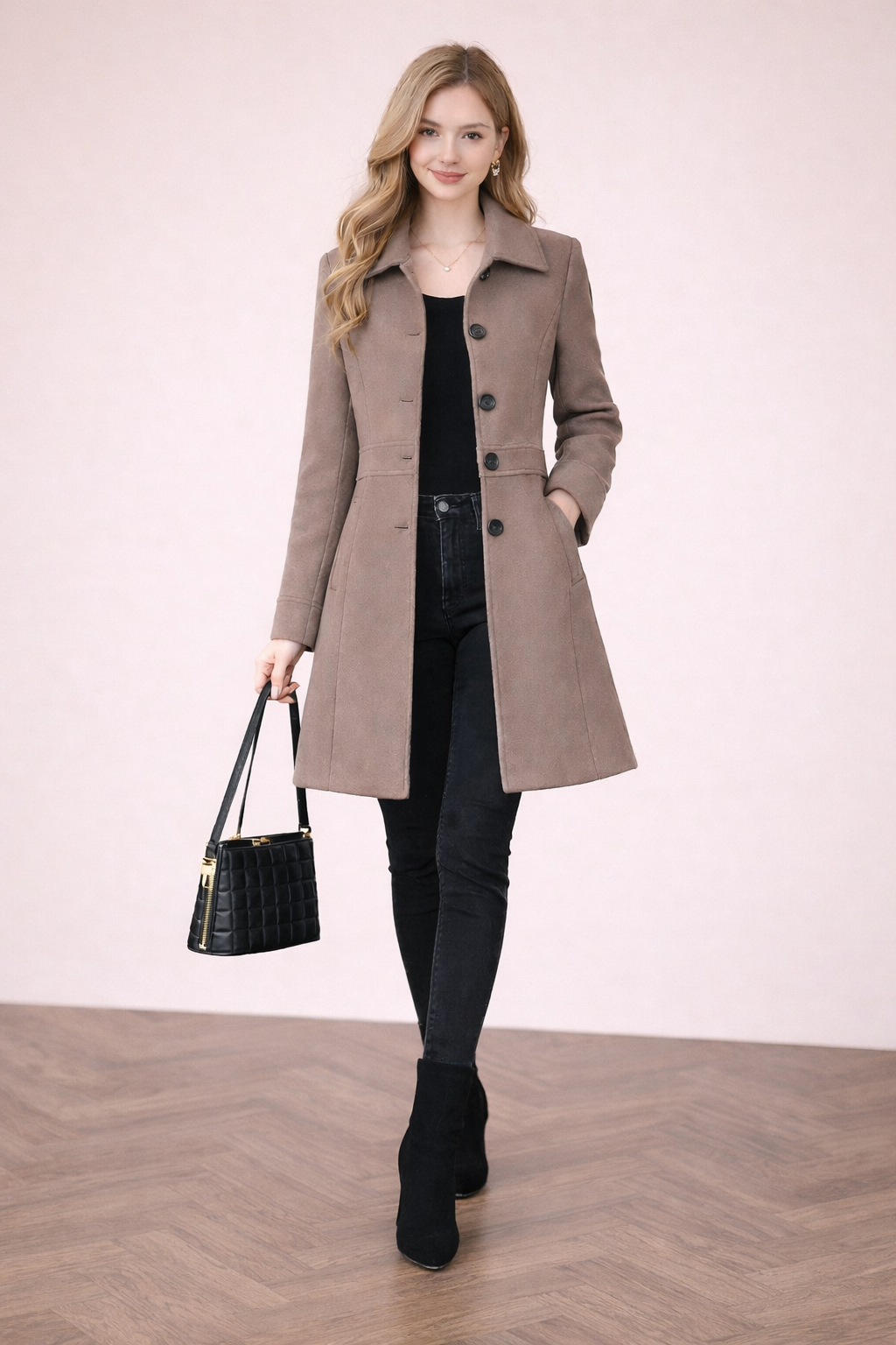 Abrigo Cashia Berlín color coffee brown con tejido de algodón, frontal cuerpo entero abierto, modelo femenina en fondo nude con suelo parquet marrón, estilo elegante y realista.