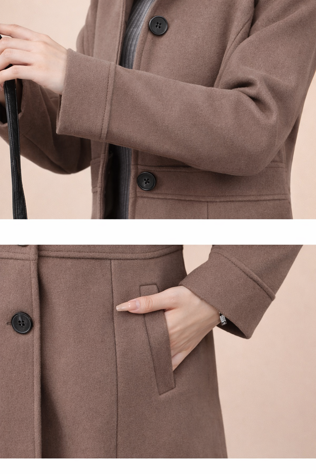 Detalle de manga y bolsillo del abrigo Cashia Berlín color coffee brown de algodón, tejido suave y estructura entallada con botones negros, fondo nude con estilo elegante y acabado premium.