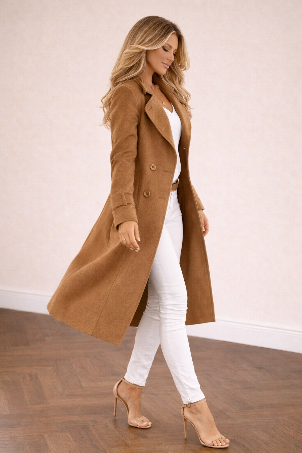 Abrigo Cashia City en color camel de corte entallado y largo por debajo de la rodilla, vista lateral de perfil cuerpo entero con doble botonadura y solapas amplias.