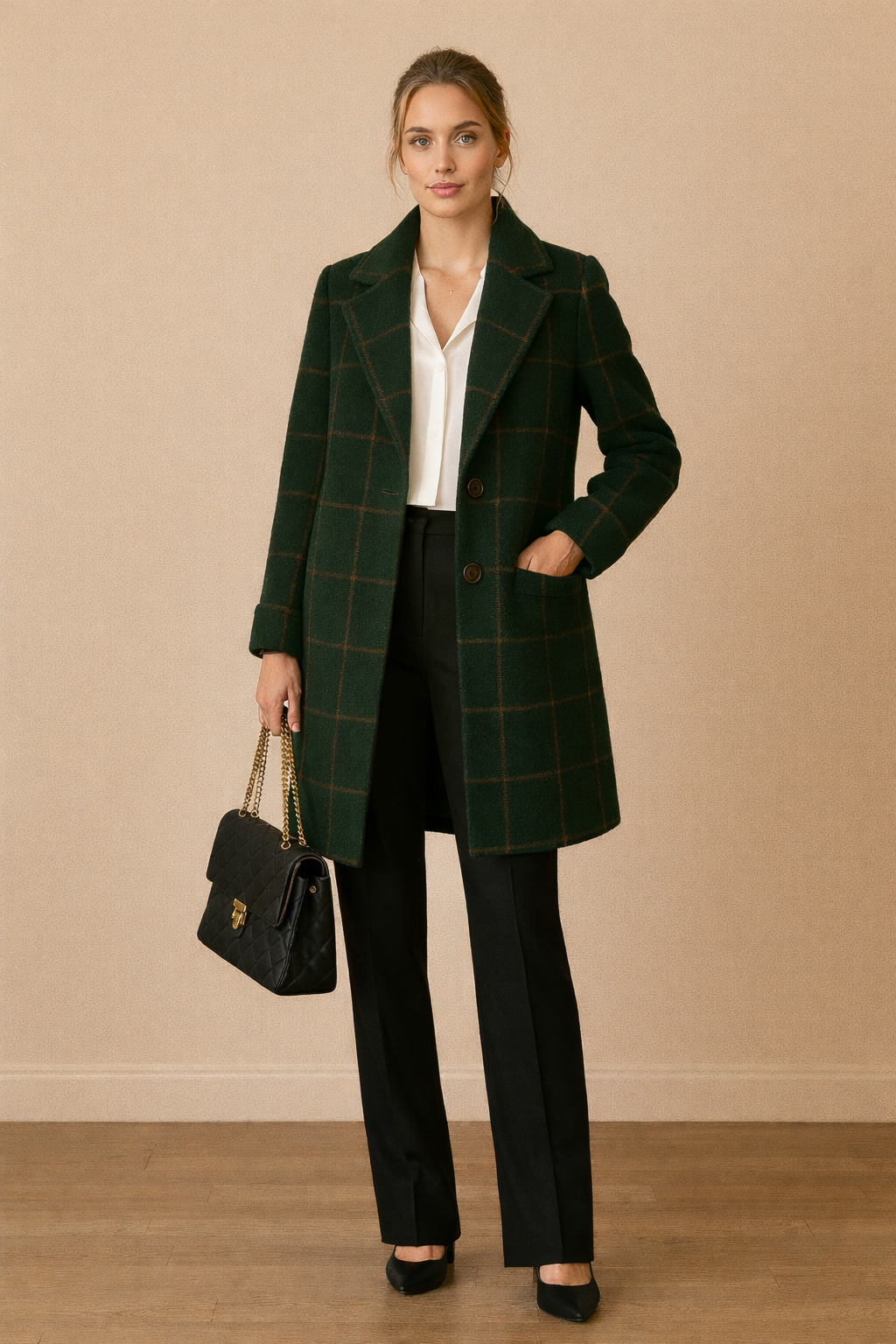 Abrigo Cashia Copenhague verde oscuro de cuadros con botones frontales en línea vertical, largo a la rodilla y corte recto, combinado con blusa blanca y pantalón negro en plano frontal de cuerpo entero sobre fondo nude.
