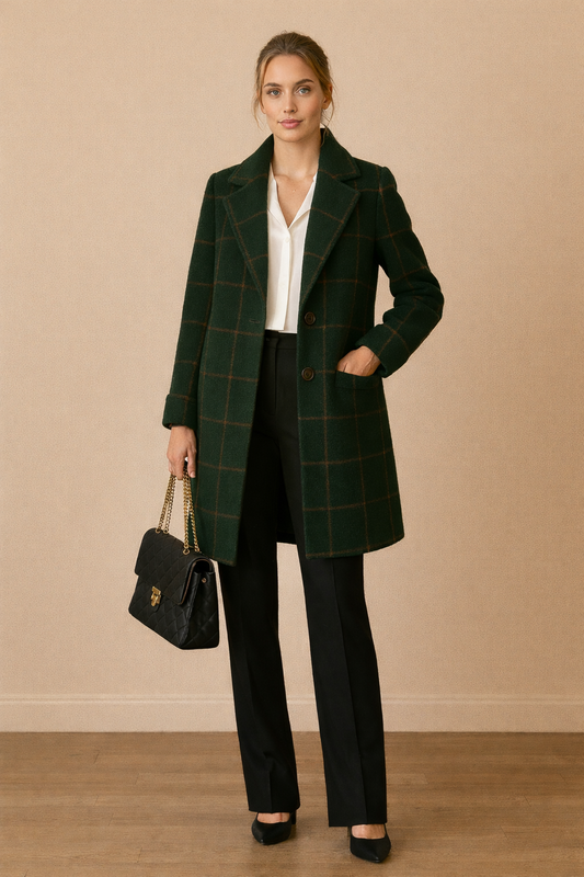 Abrigo Cashia Copenhague verde oscuro de cuadros con botones frontales en línea vertical, largo a la rodilla y corte recto, combinado con blusa blanca y pantalón negro en plano frontal de cuerpo entero sobre fondo nude.