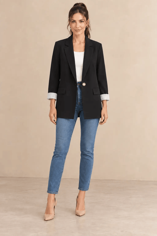 Blazer Cashia Celaje negro con botón dorado en modelo talla S, vista frontal de cuerpo entero.