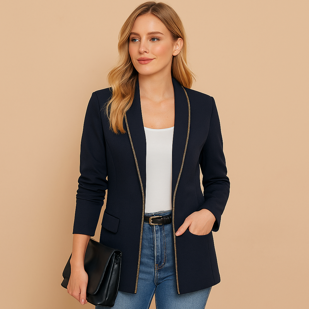 Blazer Cashia Sofía, color azul marino con bordado en las solapas y bolsillos laterales, vista frontal de medio plano, estilo casual