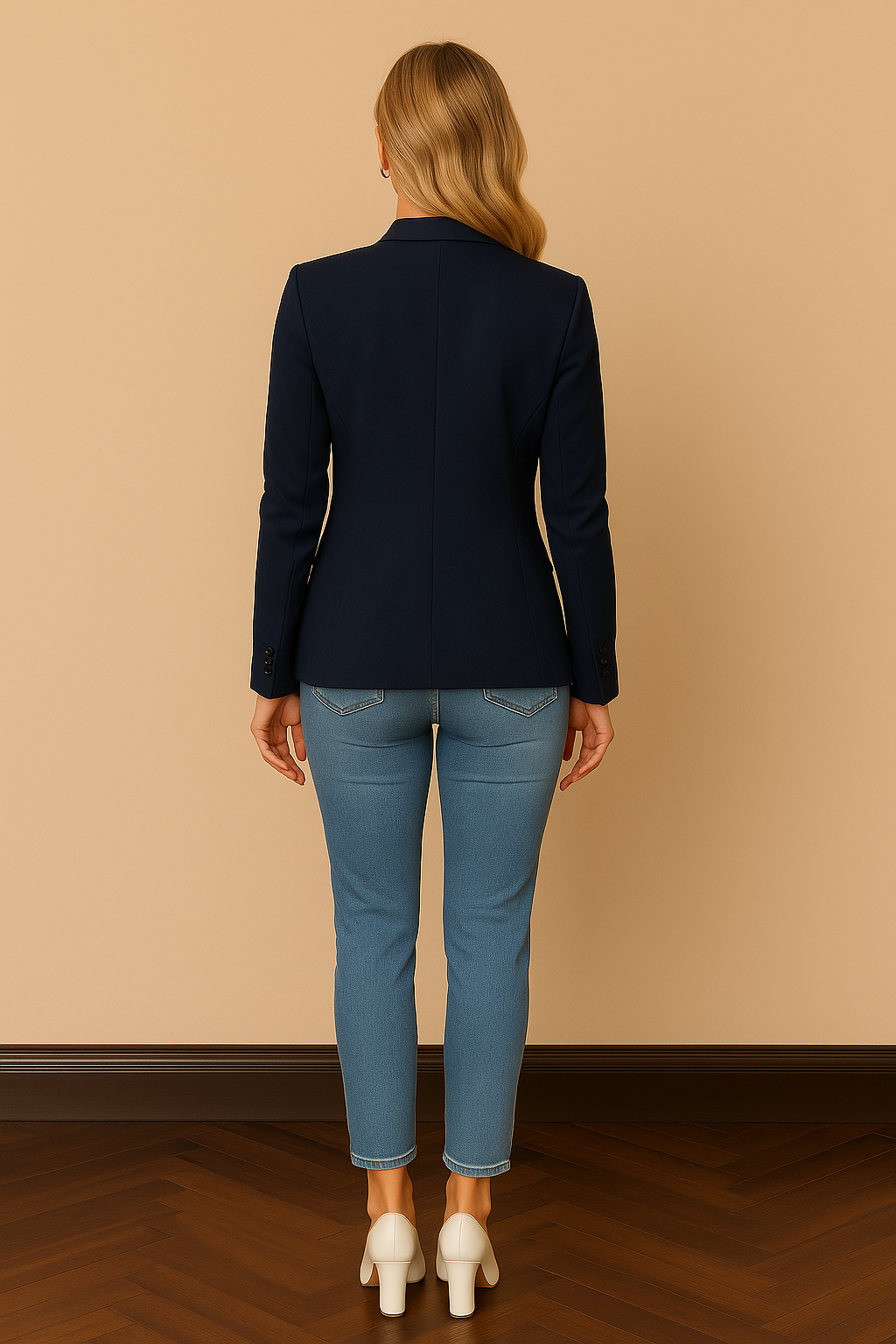 Blazer Cashia Sofía, color azul marino con bordado en las solapas y bolsillos laterales, vista de espaldas