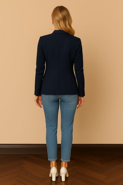 Blazer Cashia Sofía, color azul marino con bordado en las solapas y bolsillos laterales, vista de espaldas