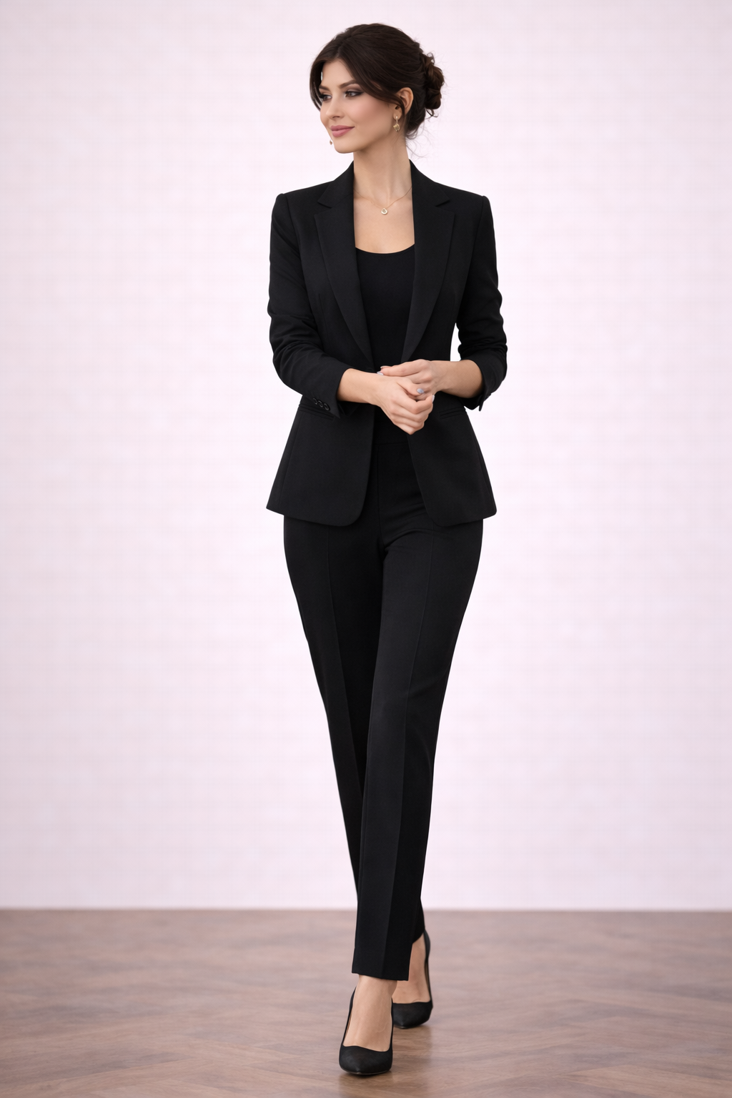 Blazer Cashia Helena en color negro con un botón y bolsillos vivos sin solapa, imagen en movimiento combinada con pantalón negro de sastre.