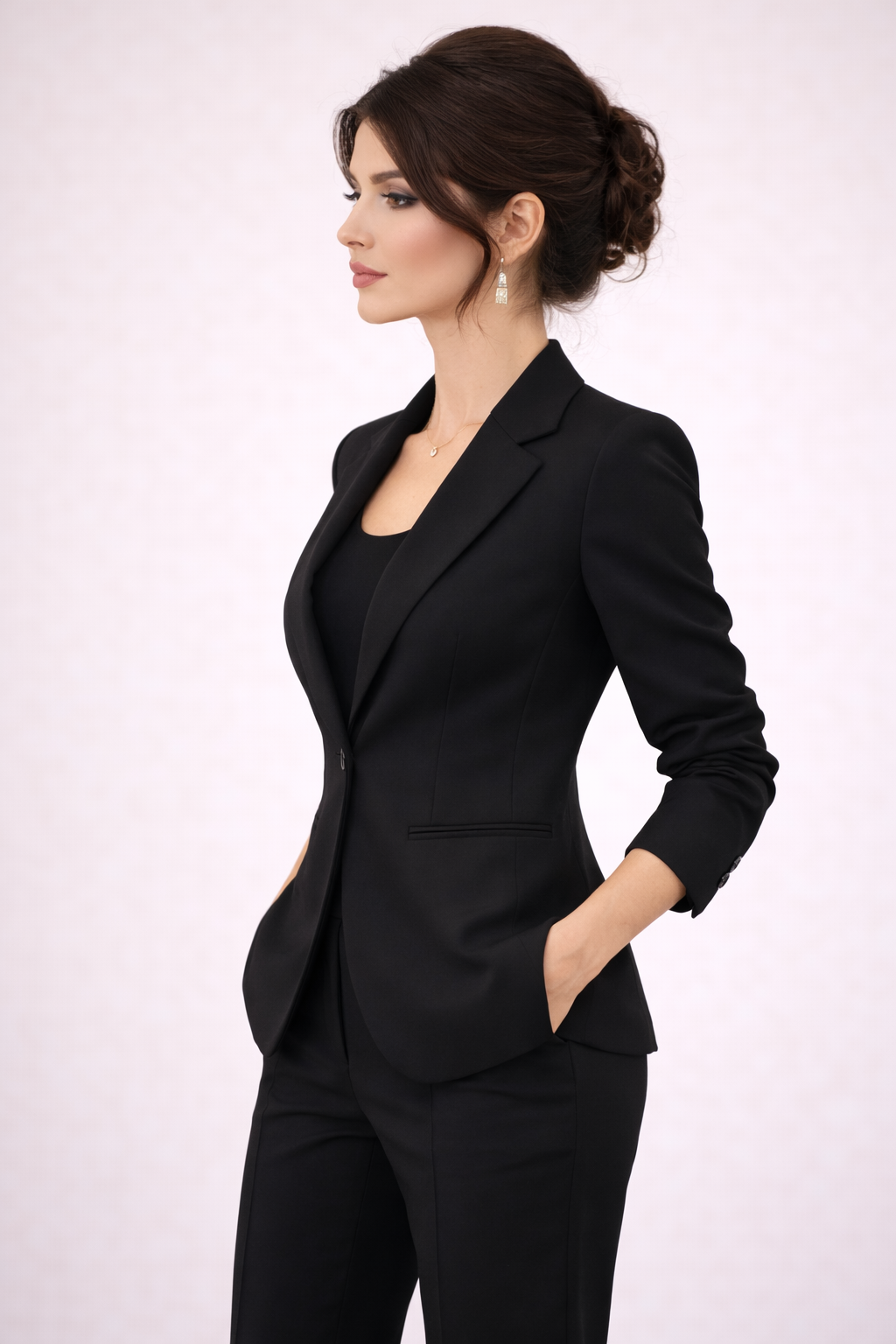 Blazer Cashia Helena en color negro con un botón y bolsillos vivos sin solapa, vista lateral de perfil combinada con pantalón negro de sastre.