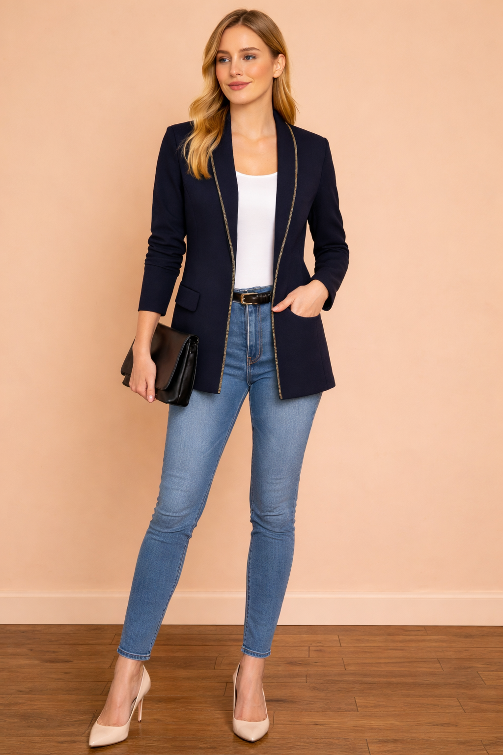 Blazer Cashia Sofía azul marino en plano frontal de cuerpo entero, con borde dorado en las solapas y bolsillos sin ribete dorado, combinado con top blanco y jeans sobre fondo nude con suelo de parquet marrón oscuro.