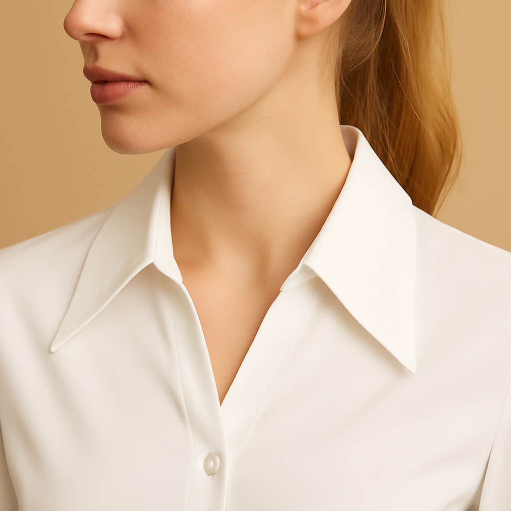 Camisa Cashia Cartagena color blanco, entallada con cuello de solapas y mangas acampanadas, detalle del cuello