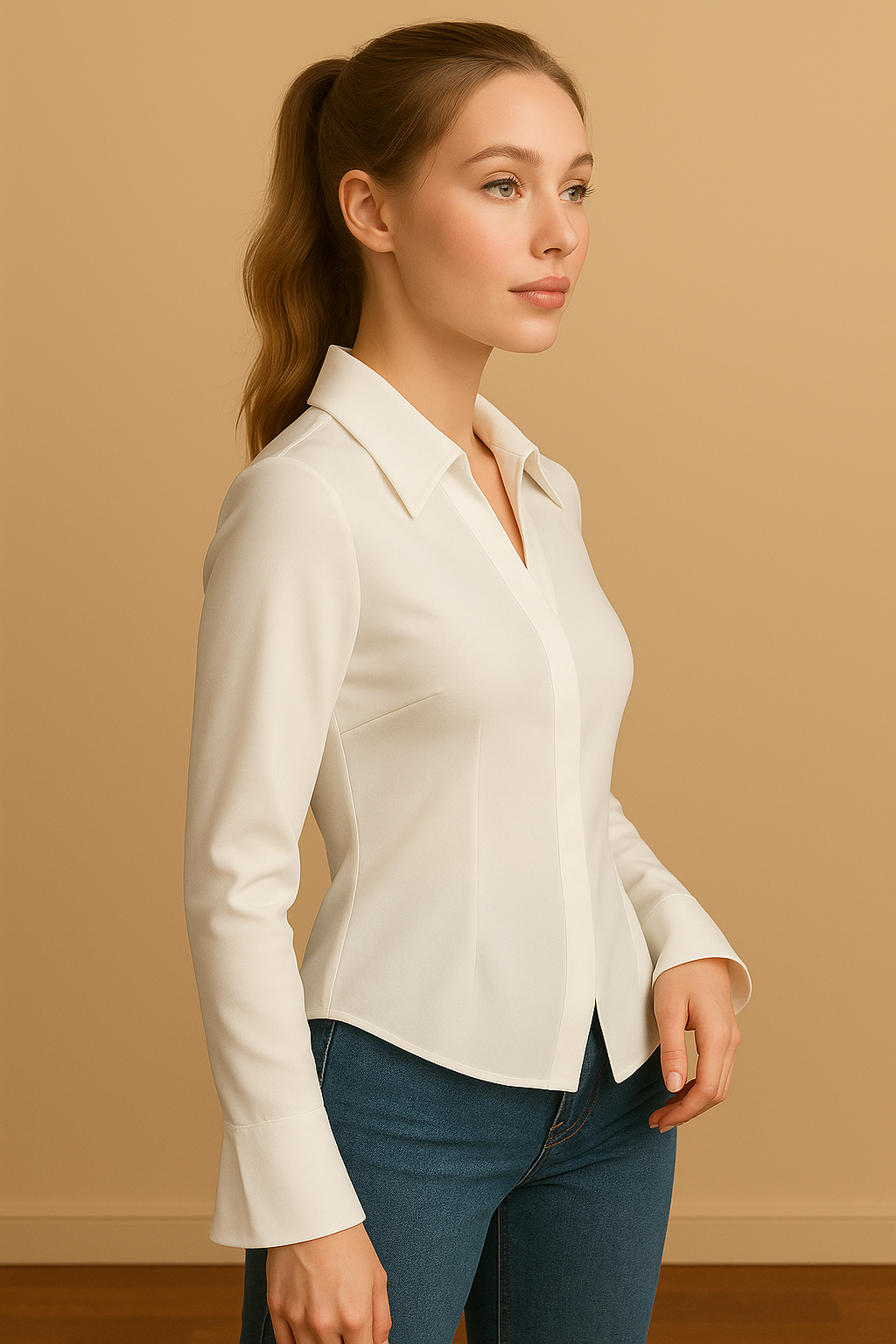 Camisa Cashia Cartagena color blanco, entallada con cuello de solapas y mangas acampanadas, vista de perfil de medio plano