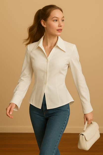 Camisa Cashia Cartagena color blanco, entallada con cuello de solapas y mangas acampanadas, vista frontal de medio plano