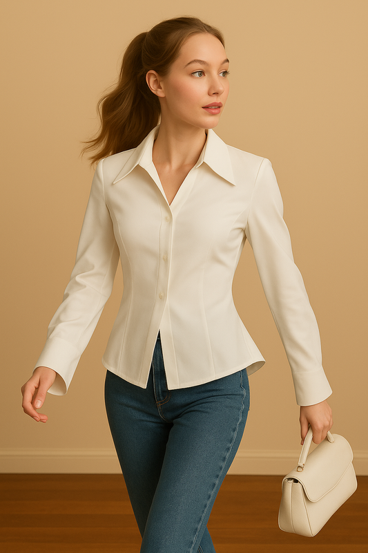 Camisa Cashia Cartagena color blanco, entallada con cuello de solapas y mangas acampanadas, vista frontal de medio plano