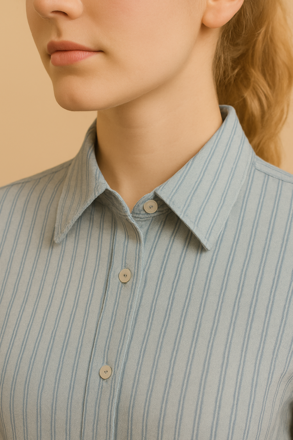 Camisa Cashia Rosario de rayas verticales, color azul, entallada, detalle del cuello