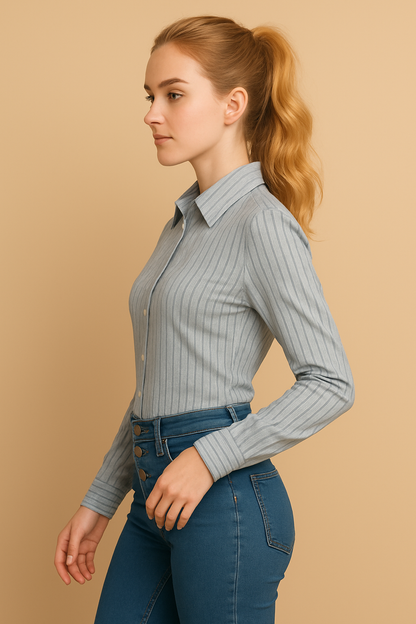 Camisa Cashia Rosario de rayas verticales, color azul, entallada, vista de perfil