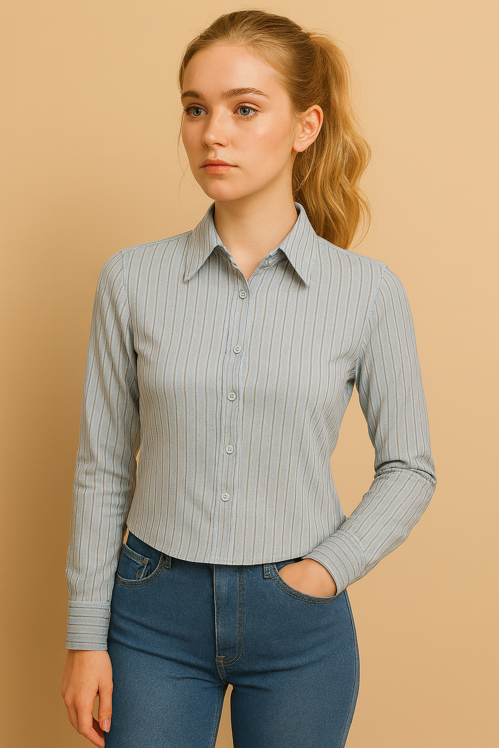Camisa Cashia Rosario de rayas verticales, color azul, entallada, vista frontal de medio plano