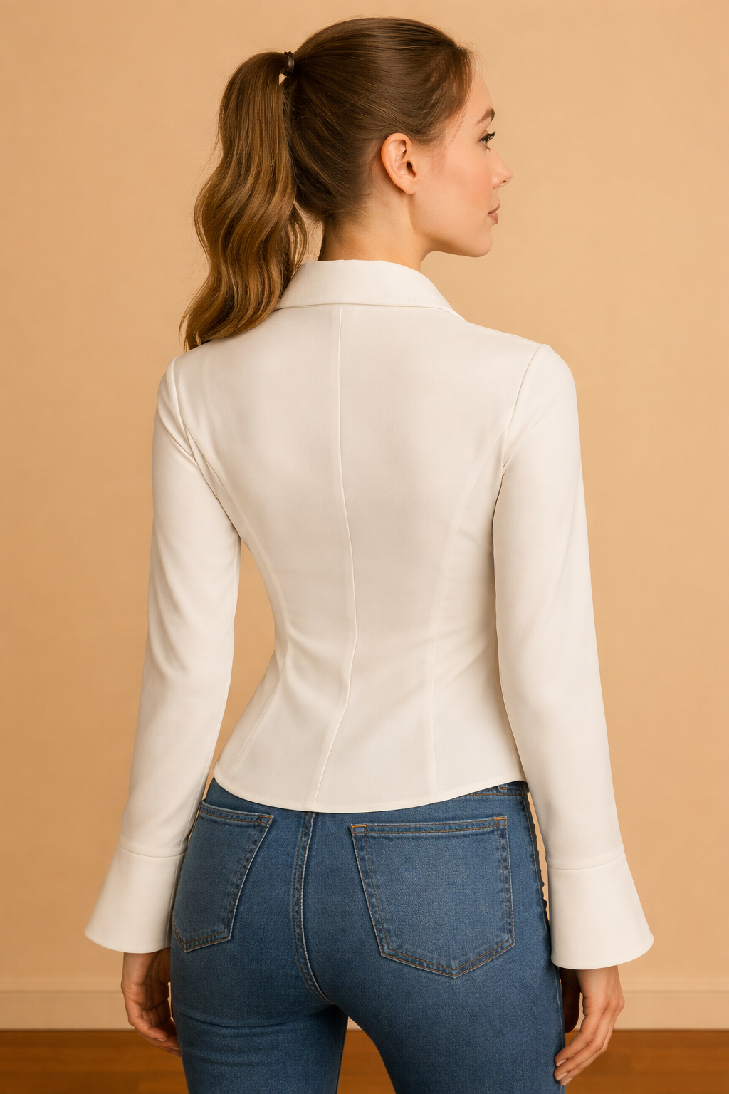 Camisa Cashia Cartagena blanca de manga larga con ajuste entallado y costuras marcadas en la espalda, vista trasera en modelo, fondo nude con suelo de parquet marrón.