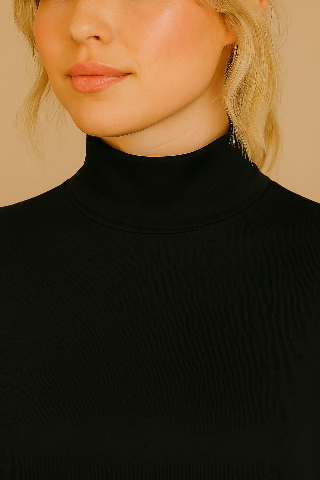 Camiseta Casia Basic, manga larga, cuello alto, color negro, detalle del cuello