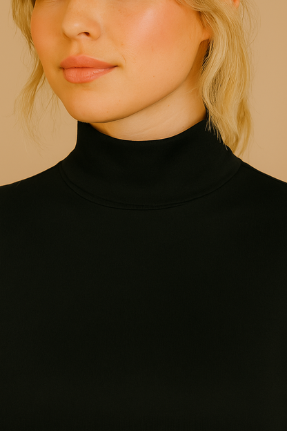Camiseta Casia Basic, manga larga, cuello alto, color negro, detalle del cuello