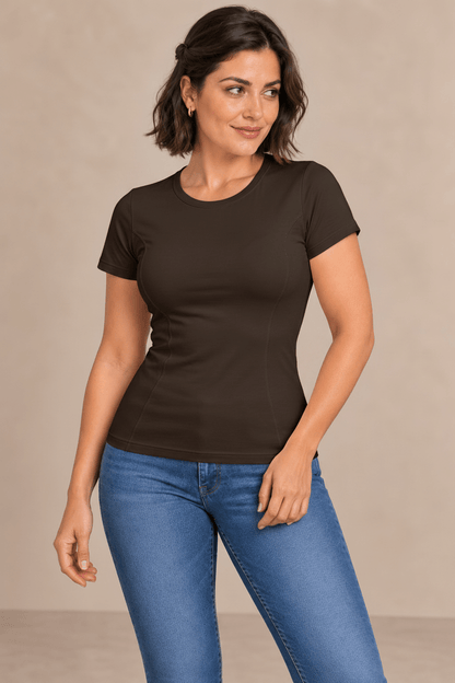 Camiseta de manga corta Cashia Basic, color marrón y cuello redondo, talla S