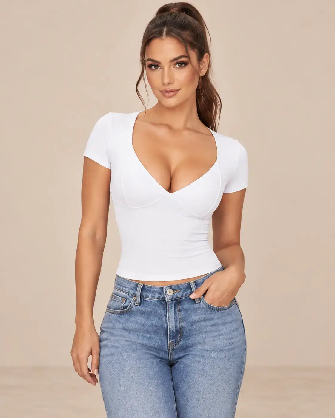 Camiseta Cashia Basic MCV blanca talla M en modelo morena Cashia con vaqueros