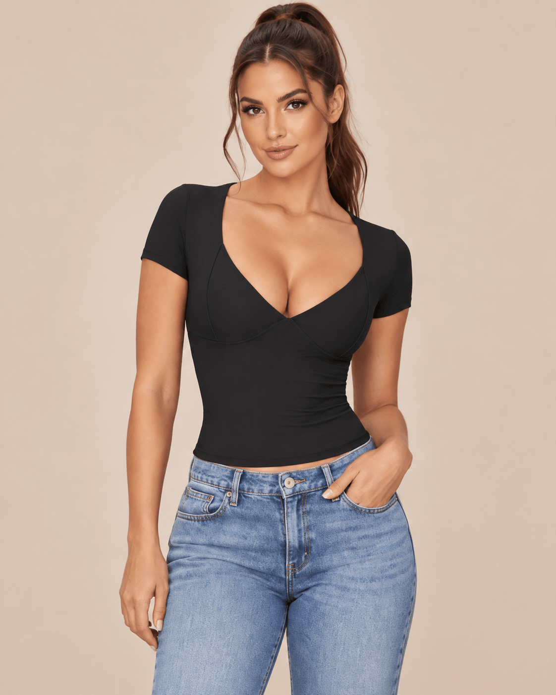 Camiseta Cashia Basic MCV negra en medio plano superior sobre modelo morena con cola alta