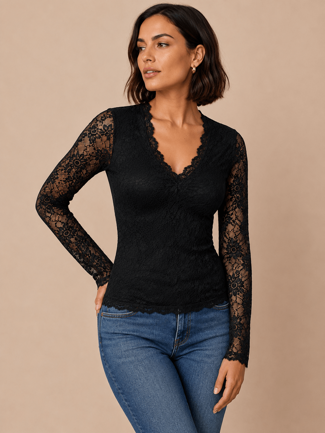 Camiseta Cashia Enigma, de encaje, color negro, talla M