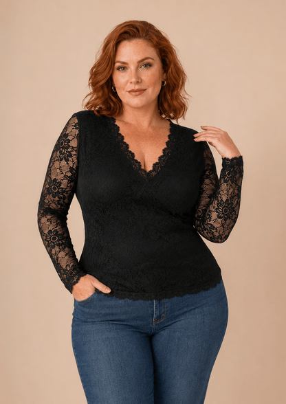 Camiseta Cashia Enigma, de encaje, color negro, talla XL, vista medio plano