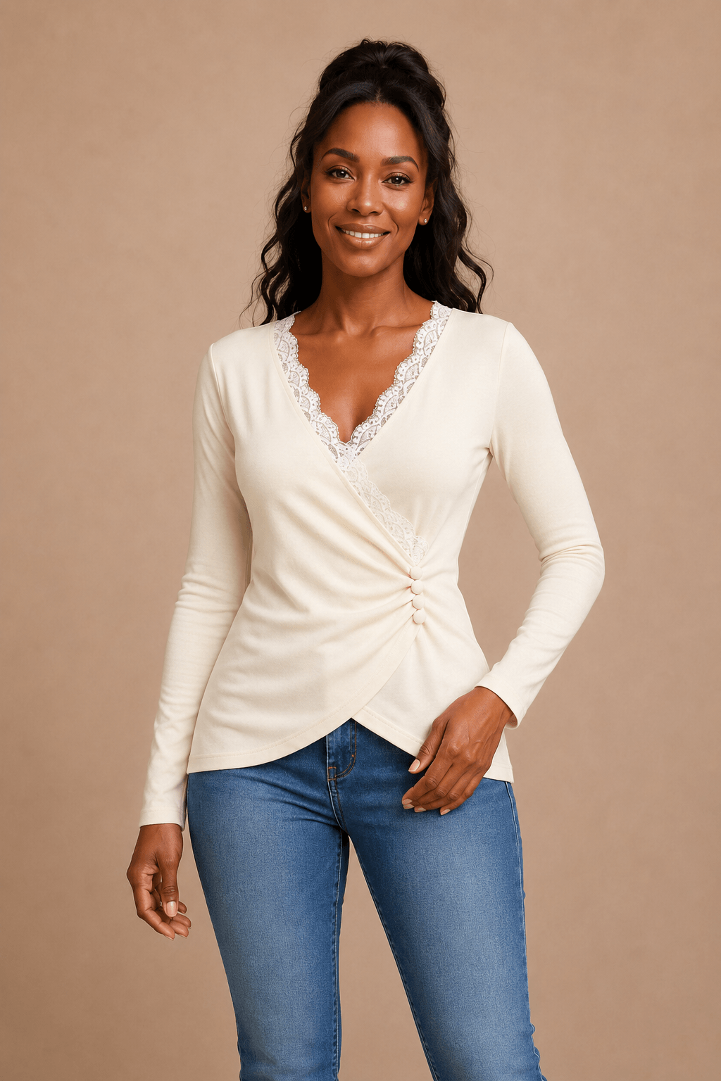 Camiseta Cashia Esencia en marfil, talla s, medio plano superior