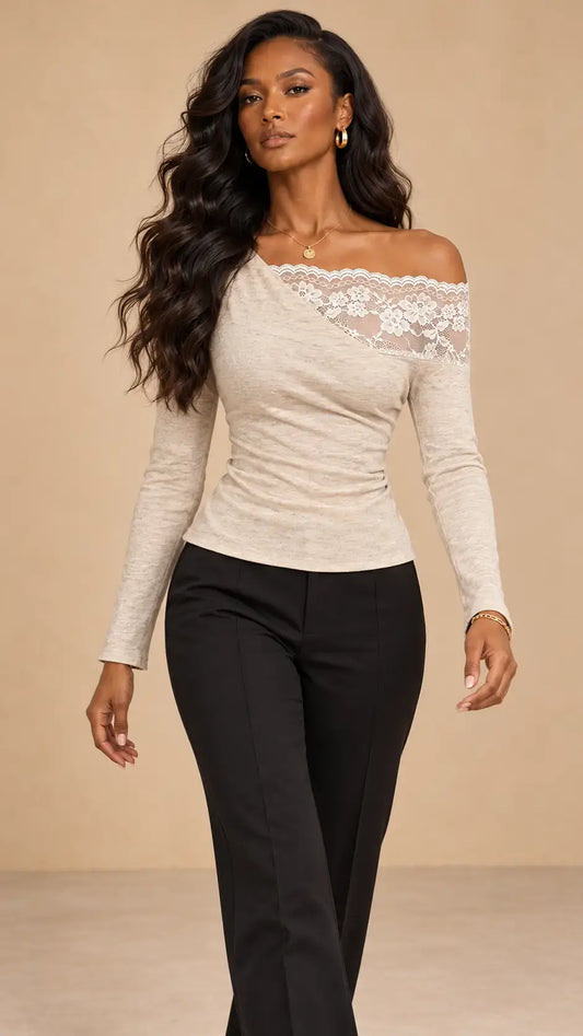 Camiseta mujer encaje floral asimétrico, elegante diseño con escote asimétrico y mangas largas, look sofisticado.