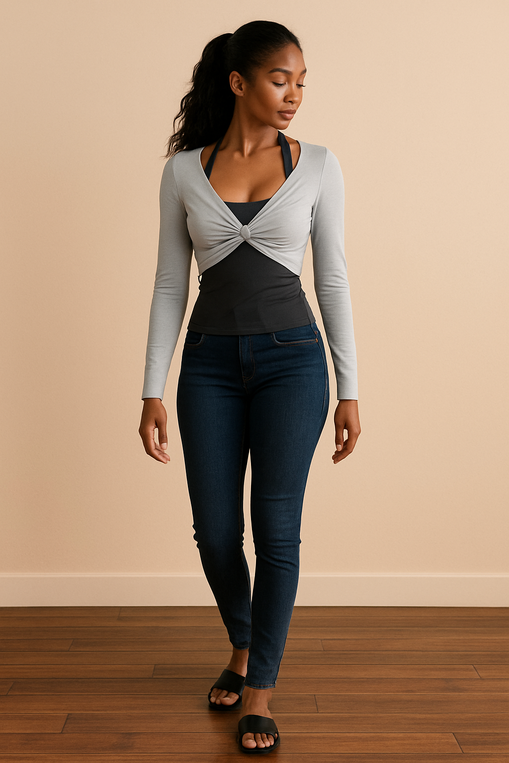 Camiseta Cashia Málaga, manga larga, color gris claro, vista frontal, cuerpo entero