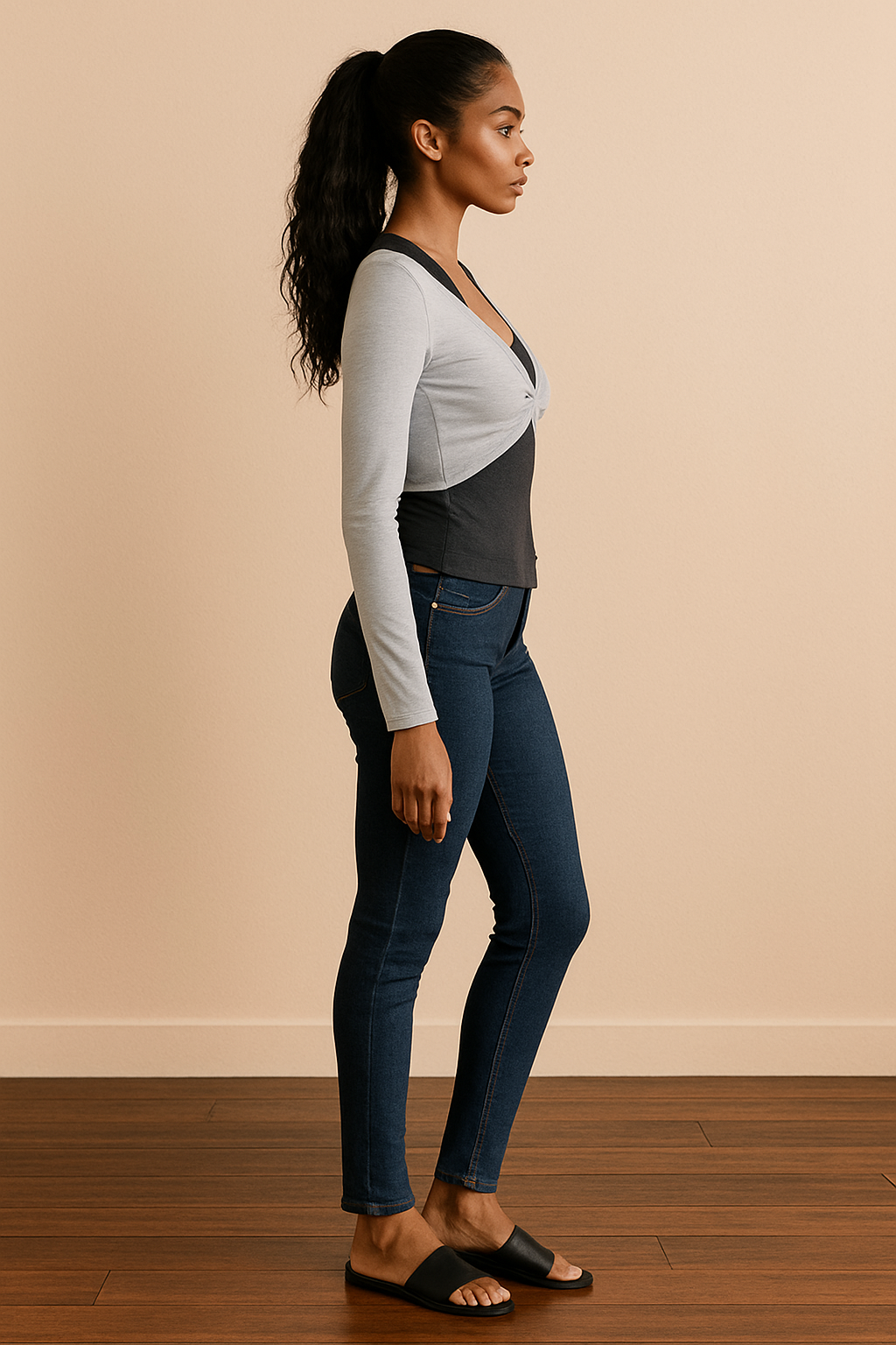 Camiseta Cashia Málaga, manga larga, color gris claro, vista de perfil, cuerpo entero