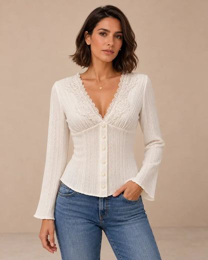 Camiseta larga encaje botones de manga larga con botones y encaje, color blanco, estilo femenino y moderno.