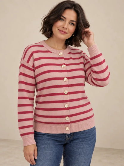 Cárdigan Cashia Brezo de rayas rosas y burdeos, medio plano superior con modelo de pelo bob, talla M.