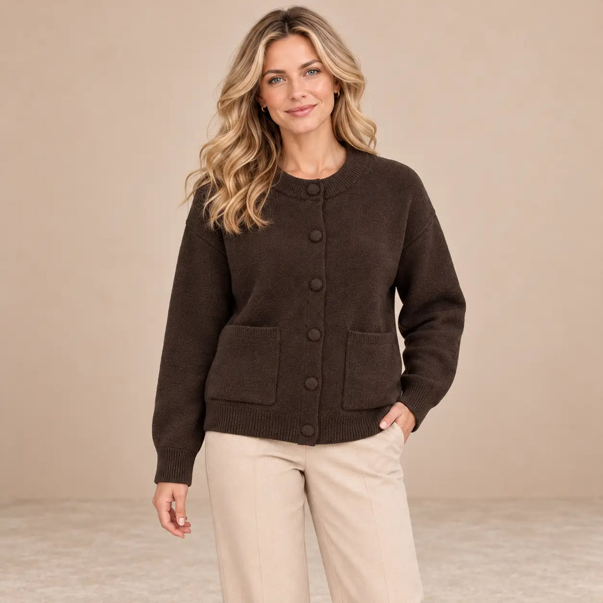 Modelo rubia con cárdigan Cashia Tejo marrón oscuro, talla S, en medio plano superior.