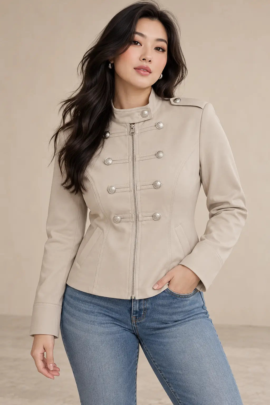 Chaqueta Cashia Céfiro crudo talla L sobre modelo asiática de pelo largo suelto, medio plano superior, con diferenciación visible de talla y silueta más amplia.