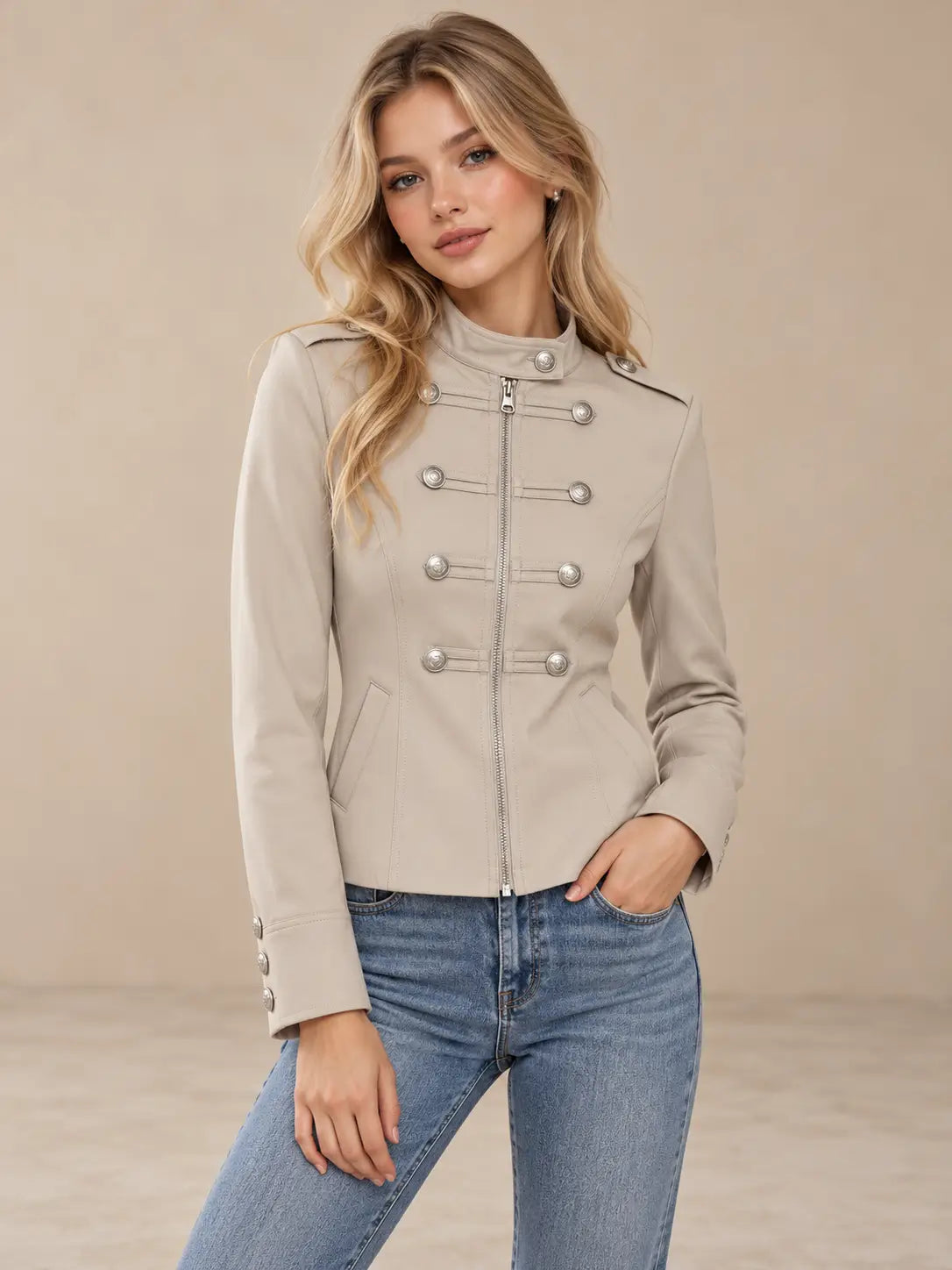 Chaqueta Cashia Céfiro crudo talla XS sobre modelo rubia joven, medio plano superior, con cuello alto, botones plateados y pantalón vaquero.