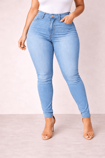 Pantalón Cashia Denim 101 azul claro de tiro alto y corte slim fit, medio plano inferior en talla L.