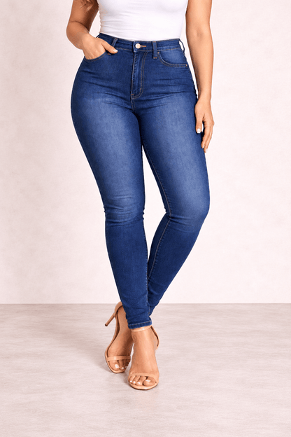 Pantalón Cashia Denim 101 azul oscuro de tiro alto y corte slim fit, medio plano inferior en talla L.
